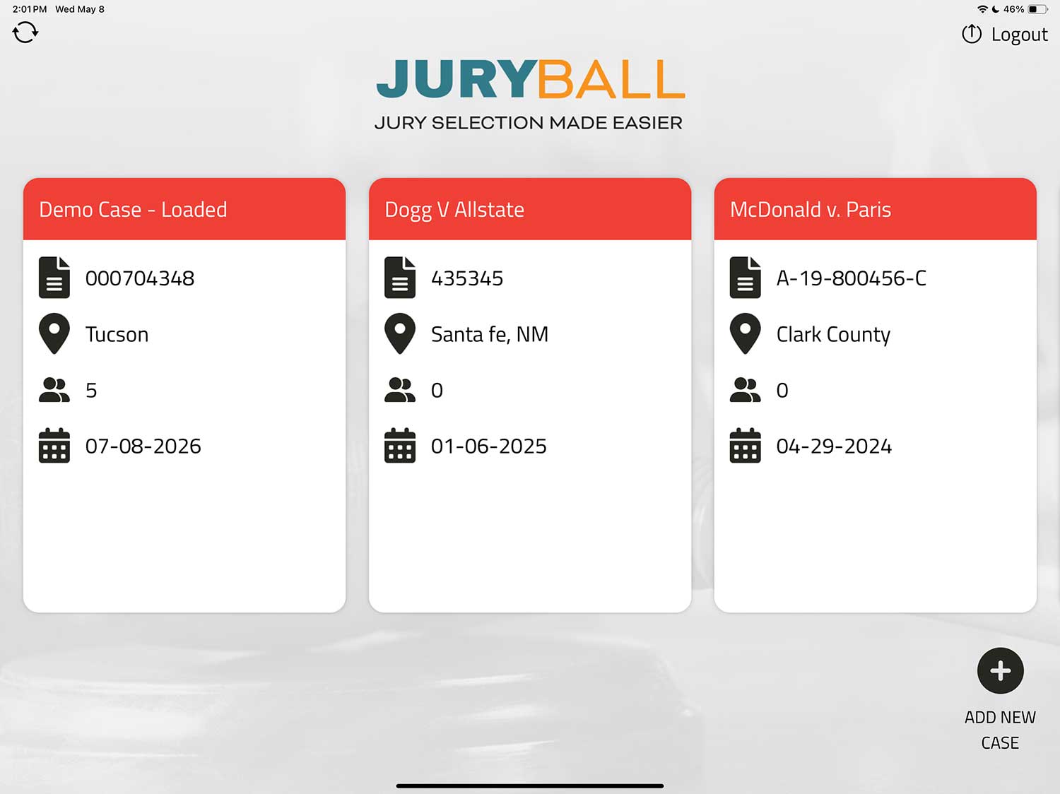 A screenshot of a computer screen showing court cases on the JuryBall app