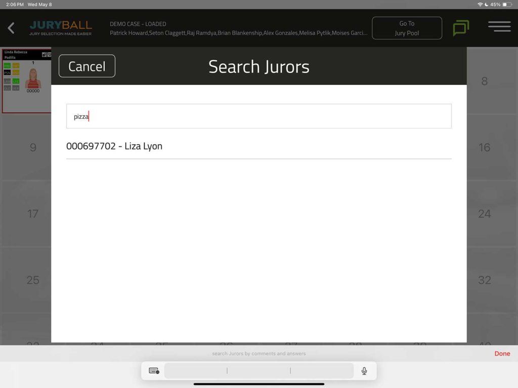 A screenshot of a computer screen searching data on the JuryBall app