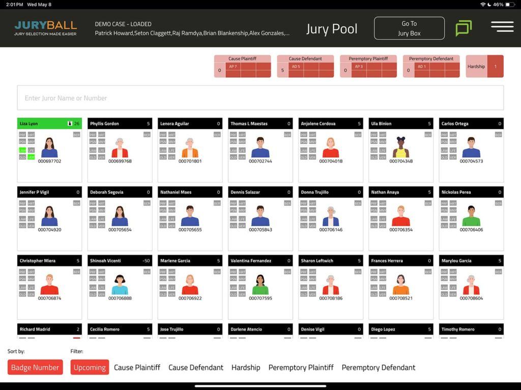 A screenshot of a computer screen showing a grid of users on the JuryBall app