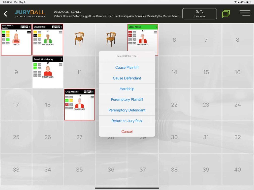 A screenshot of a computer screen showing a calendar with appointments and actions that can be made on the JuryBall app