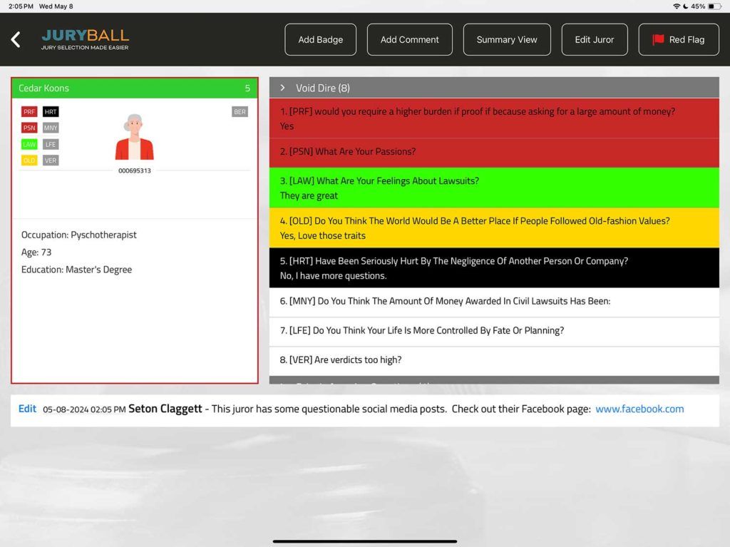 A screenshot of a computer screen showing a user profile on the JuryBall app