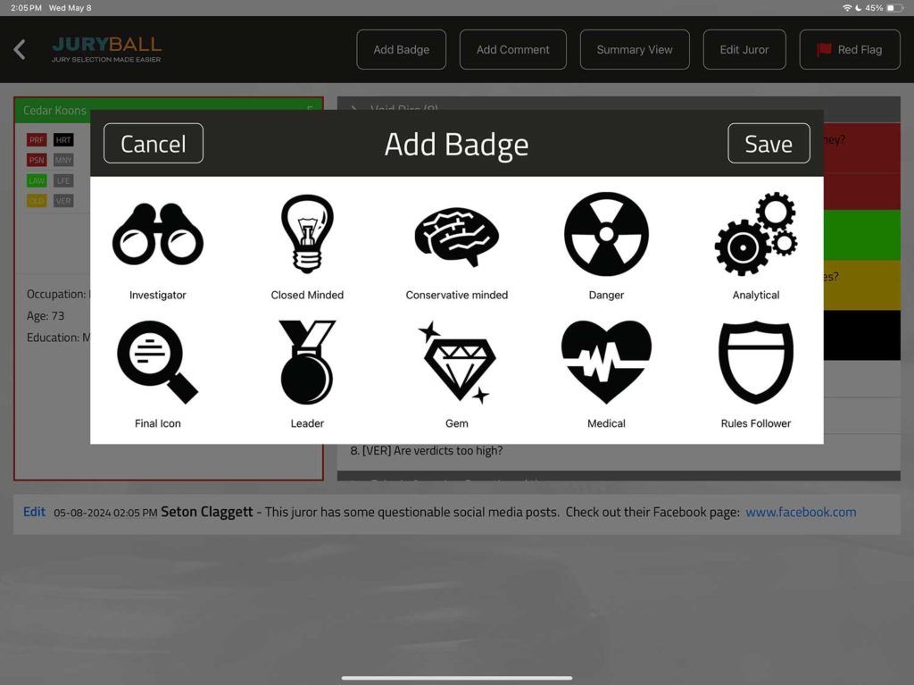 A screenshot of a computer screen showing an add badge interface on the JuryBall app