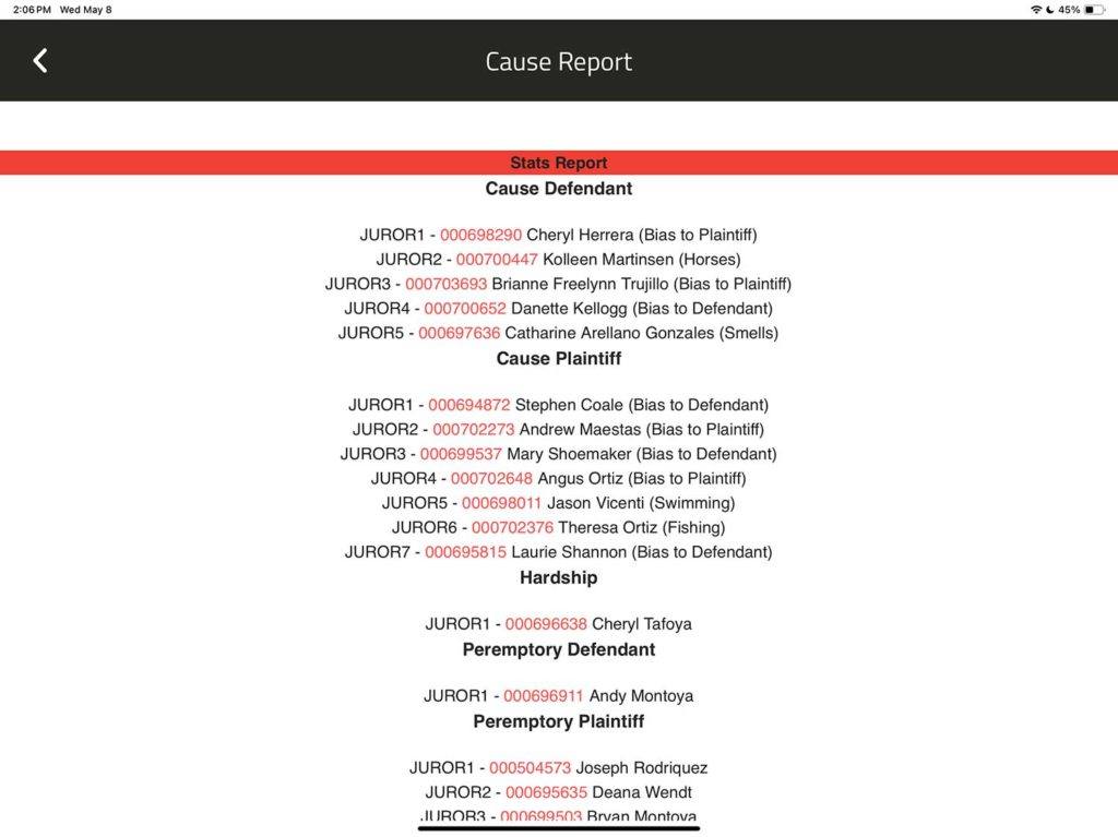 A screenshot of a computer screen showing case data on the JuryBall app